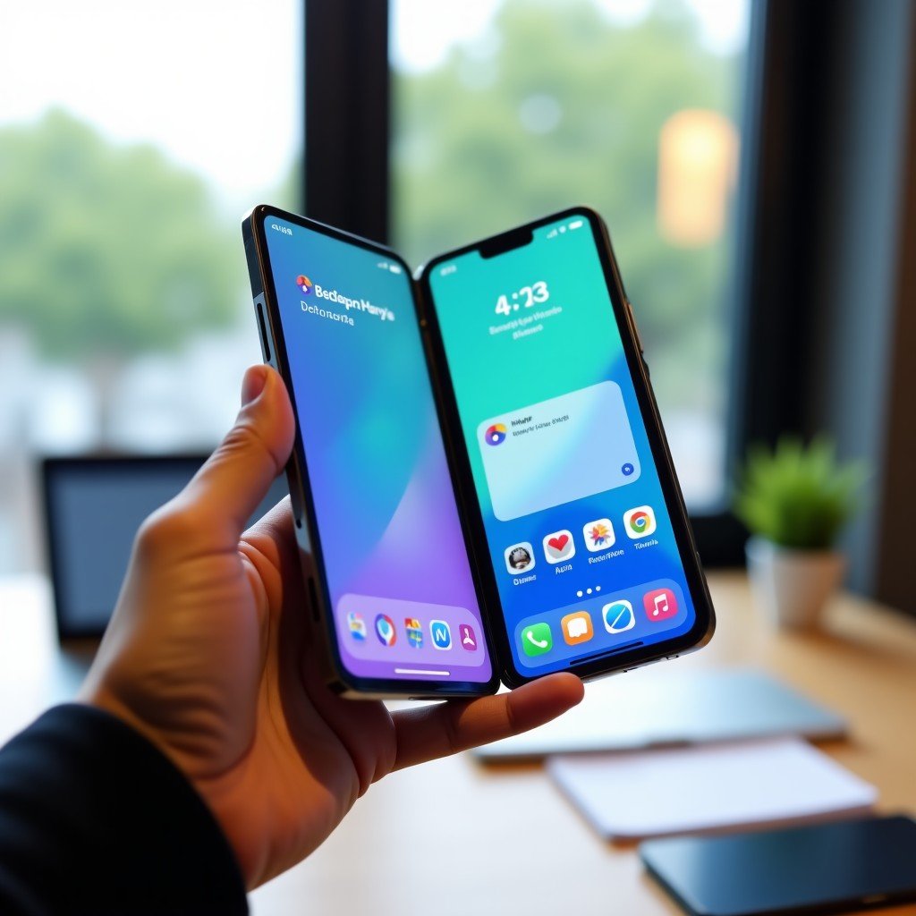 A hand holding a premium foldable phone in an unfolded tablet state, showing split-screen multitasking with a calendar and a messaging app, professional office setting, natural daylight, 4:3