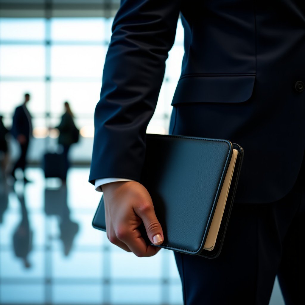 Close up of a person holding a passport case and a wallet at an airport terminal. The scene implies safety and security. Professional travel photography style. 1:1