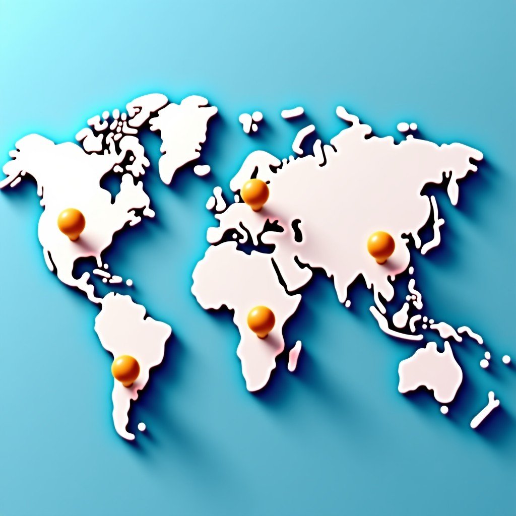 A clean 3D illustration of a world map with glowing pins on Brazil, Australia, Singapore, and North America. Blue and white theme. 4:3