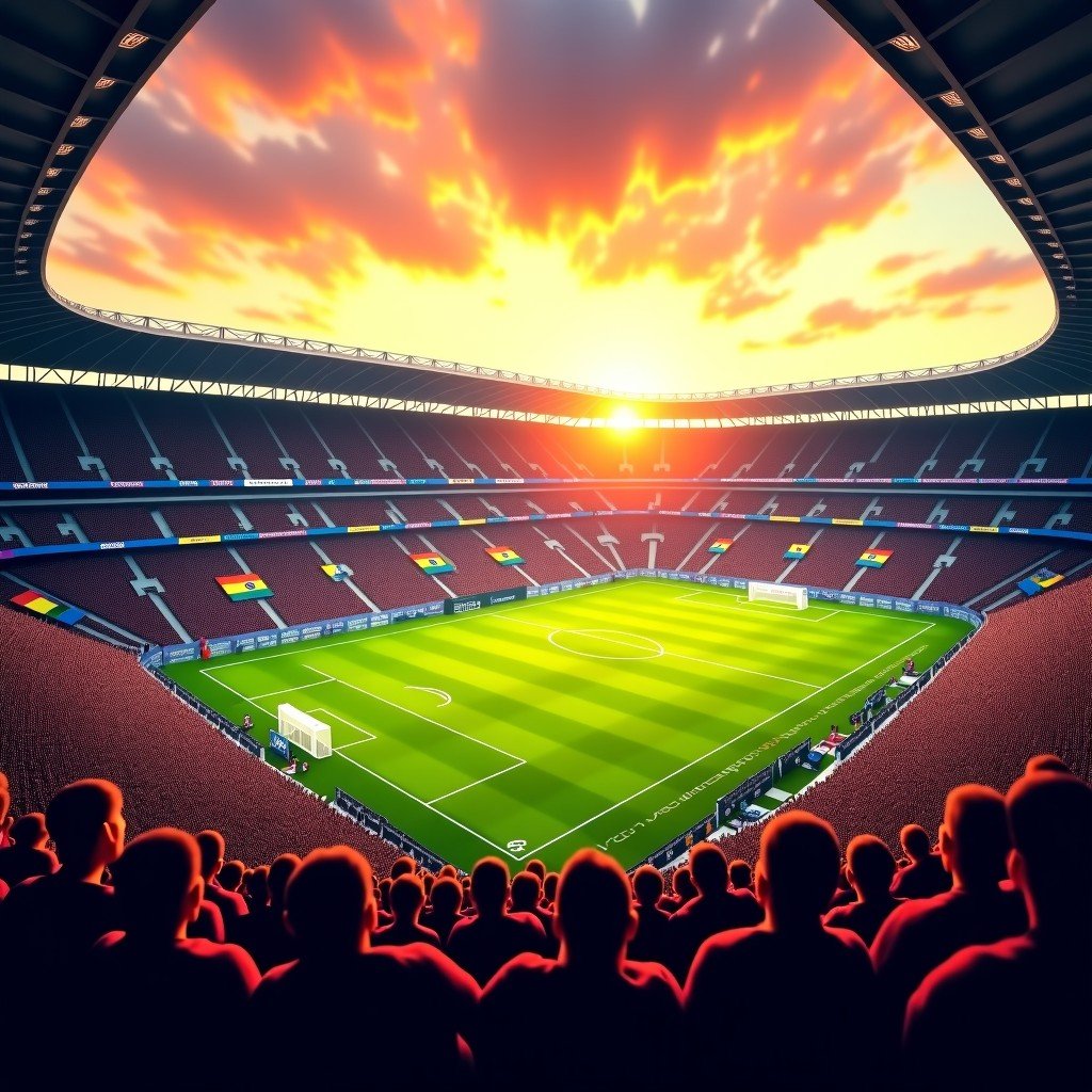 A wide shot of a massive South American soccer stadium during a sunset match, colorful flags waving in the stands, intense atmosphere, realistic photography, vibrant colors. 4:3