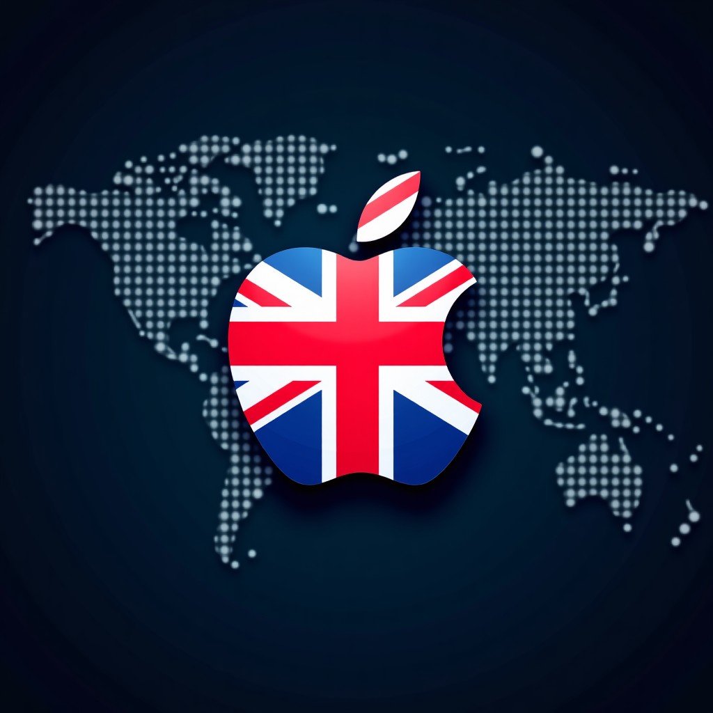 A modern and clean infographic style image featuring the UK flag and Apple logo subtly integrated into a digital technology background, high contrast, professional lighting, 4:3