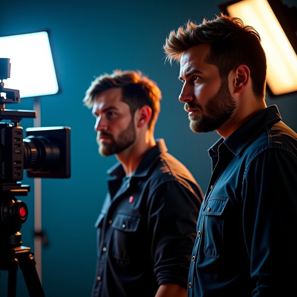 A film director and a lead actor looking at a camera monitor on a movie set, focused expressions, professional film equipment, cinematic lighting, 1:1