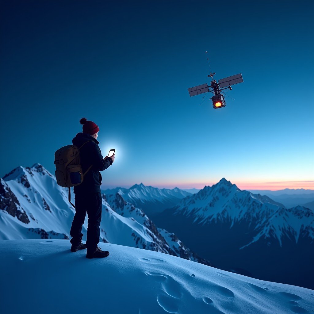A person using a smartphone in a remote snowy mountain peak connecting to a satellite constellation in the sky, cinematic blue lighting, 4:3
