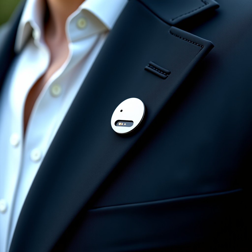 A close up of a minimalist metallic AI pin attached to a blazer lapel. The pin has a tiny lens and a subtle status light. Sophisticated fashion tech aesthetic, blurred professional background, high detail. 4:3