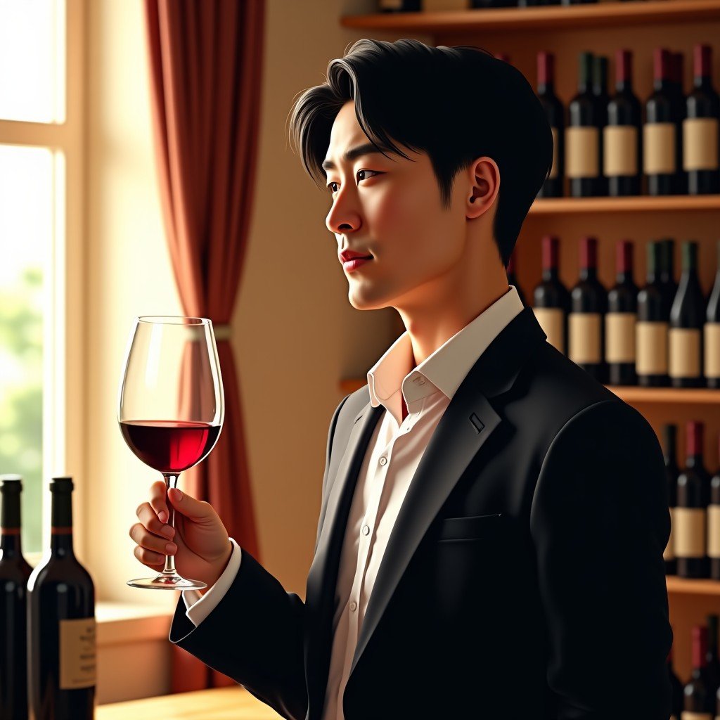 A close up of a person holding a glass of red wine in a sophisticated wine cellar environment. Natural sunlight filtering through a window, warm and inviting atmosphere. Korean male appearance. 1:1