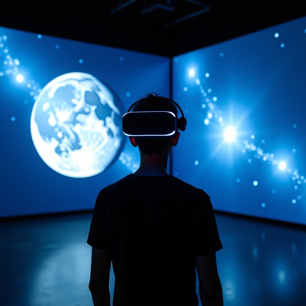 A person wearing an Apple Vision Pro headset, looking around in a dark room where a stunning cosmic environment of a distant moon is projected around them, high-tech and immersive atmosphere, 4:3