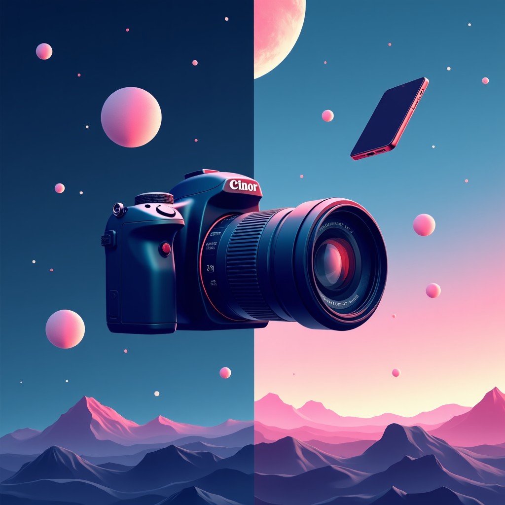 A split screen illustration showing a bulky 2016 DSLR camera on one side and a slim modern smartphone on the other side, both floating in a space station environment, high contrast, 4:3