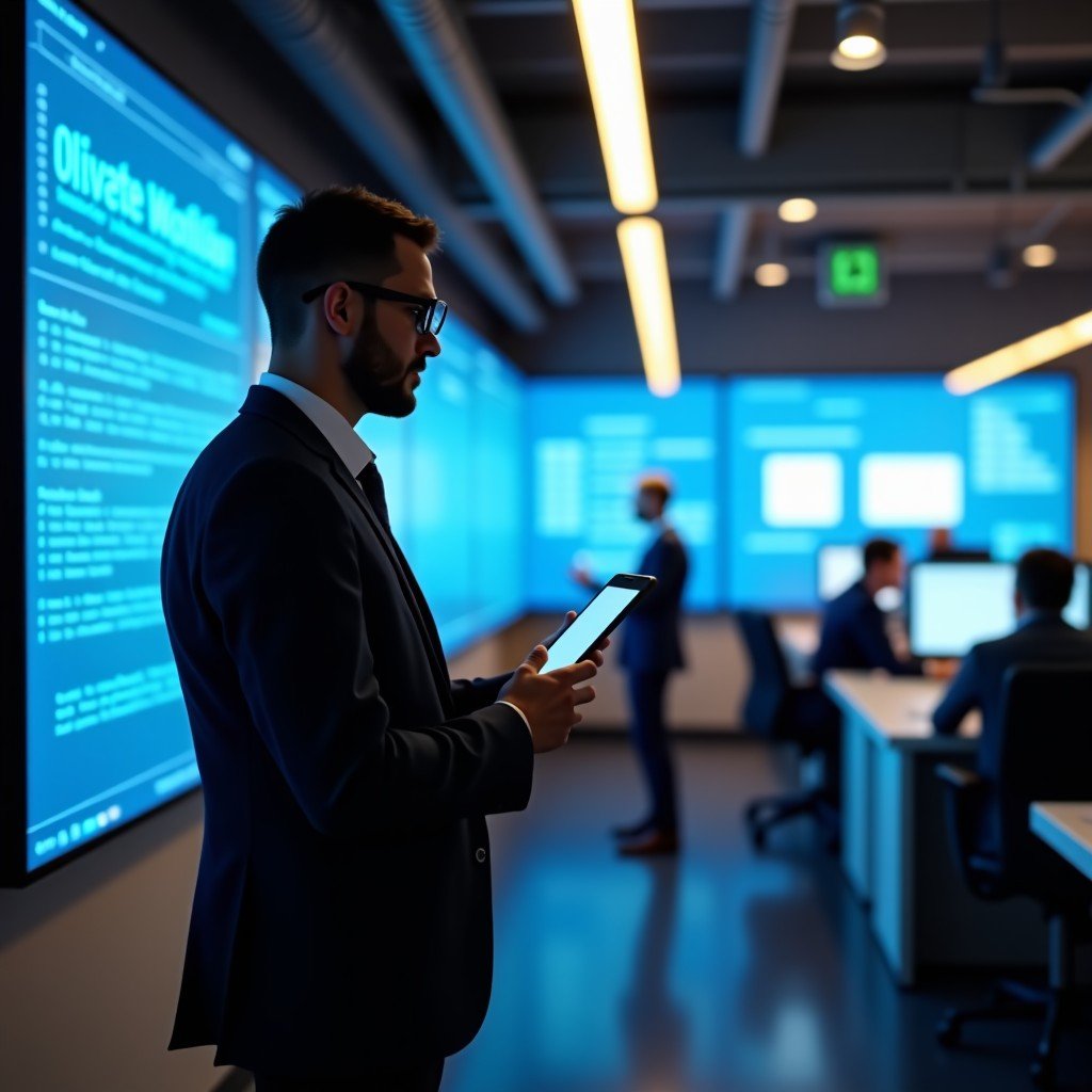 A professional using voice commands to control smart office devices and digital displays, cinematic lighting, natural office setting, 4:3