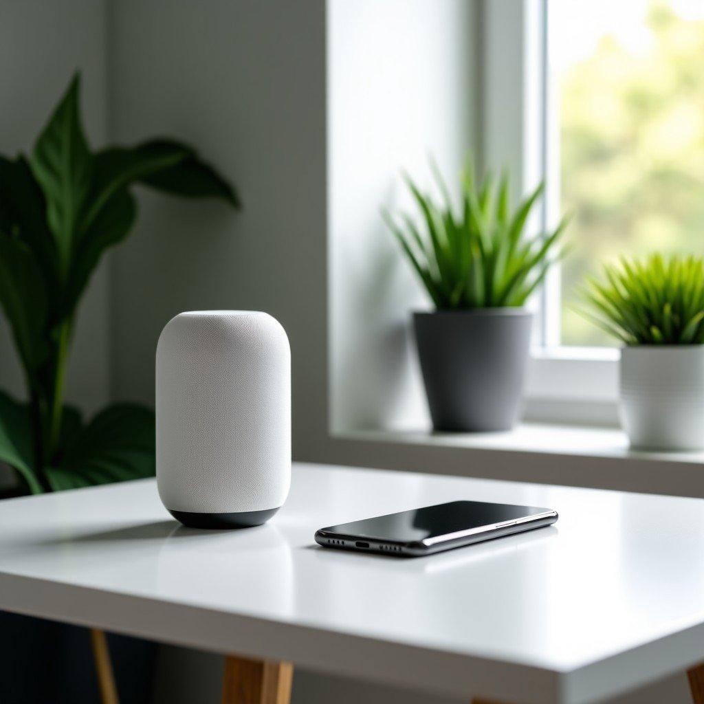 A detailed composition of a modern home audio setup. A sleek smart speaker and a smartphone are placed on a clean white desk. The room has a calm and focused atmosphere with indoor plants. The lighting is soft and natural. 4:3