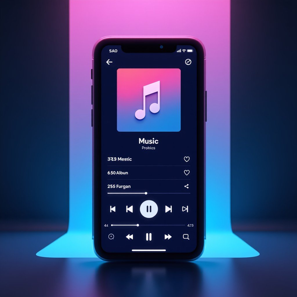 A clean and modern user interface design of a music streaming app displayed on a digital tablet. The interface features album art, a play progress bar, and social sharing icons. The background is a sleek dark mode with soft blue and purple neon accents. 4:3