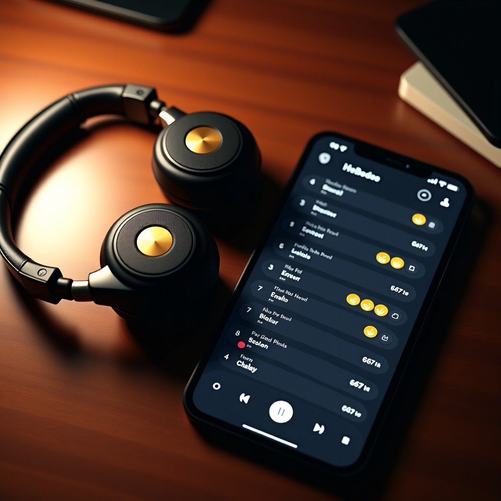 A realistic top-down shot of high-end headphones resting on a wooden desk next to a tablet showing music notes and gold coins, professional studio lighting, warm atmosphere, 4:3