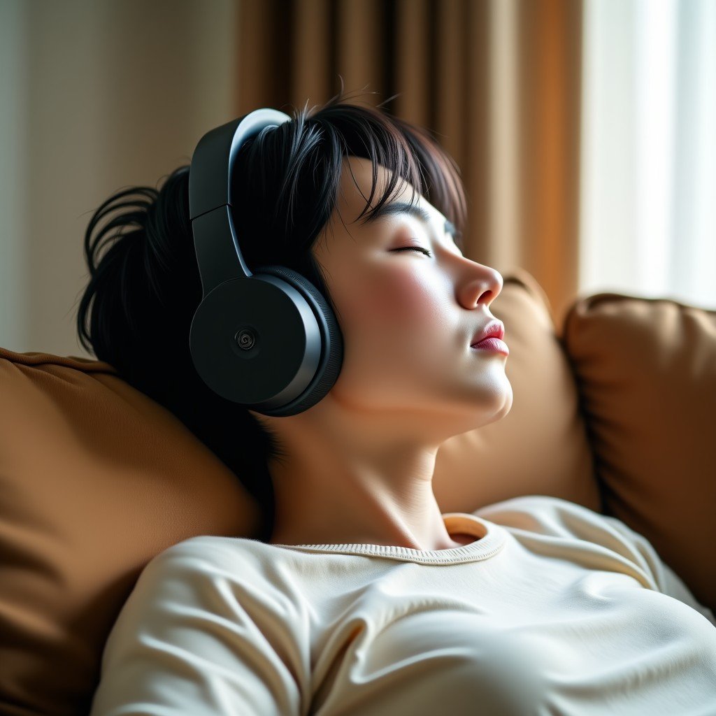 A young Korean person wearing high-quality wireless headphones, leaning back comfortably on a sofa, eyes closed, warm natural lighting, lifestyle photography, 1:1