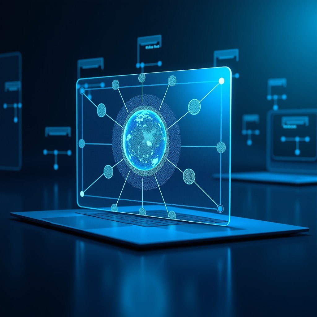 A high-tech interface displaying a complex image being analyzed by AI. Lines and nodes connect different objects within the image to show their logical relationship. Professional and analytical aesthetic with a blue and white color palette. 4:3