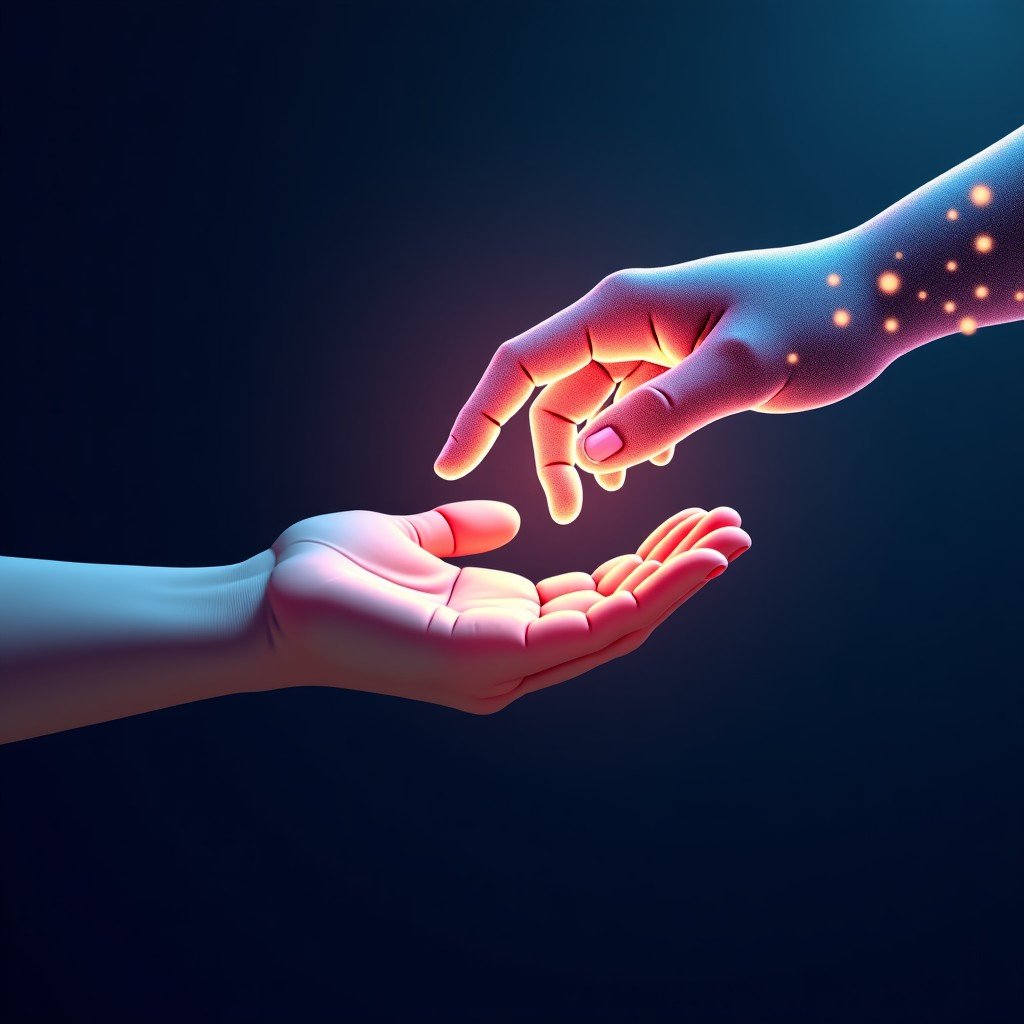 A high-tech digital illustration showing a human hand reaching out to a glowing digital hand made of particles, representing collaboration between humans and AI, dark background with neon accents, artistic and professional 4:3