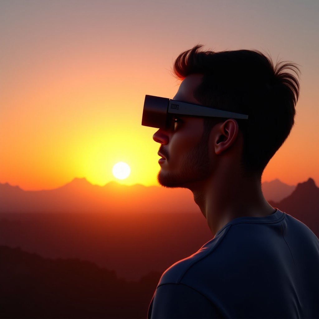 A person looking at a beautiful sunset while wearing smart glasses and an AI pin, showing a seamless integration of technology and nature, high quality photography, 4:3