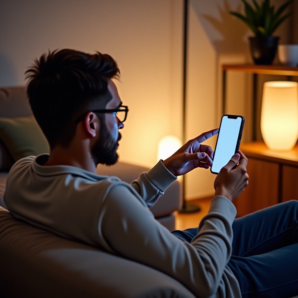 A person relaxing on a sofa and talking naturally towards a small device on a shelf, warm indoor atmosphere, soft evening light, showing a connected and smart home lifestyle, 4:3
