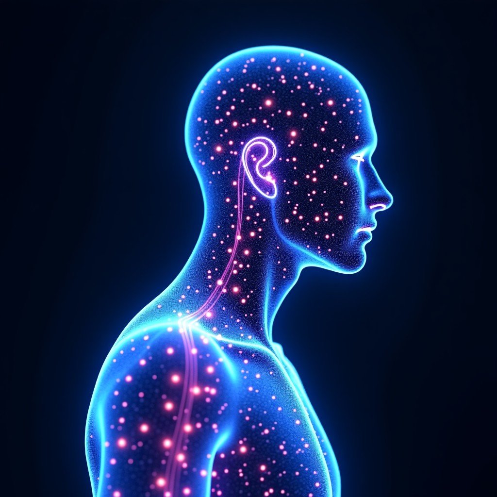 Abstract representation of artificial intelligence analyzing biological data points, glowing blue and purple lines forming a human silhouette, high-tech digital art style, 1:1