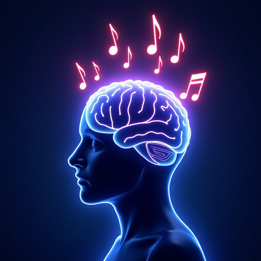 Digital conceptual art showing glowing musical notes emerging from a stylized brain representing artificial intelligence. Deep blue and purple neon color palette with a futuristic tech vibe. No text. 4:3