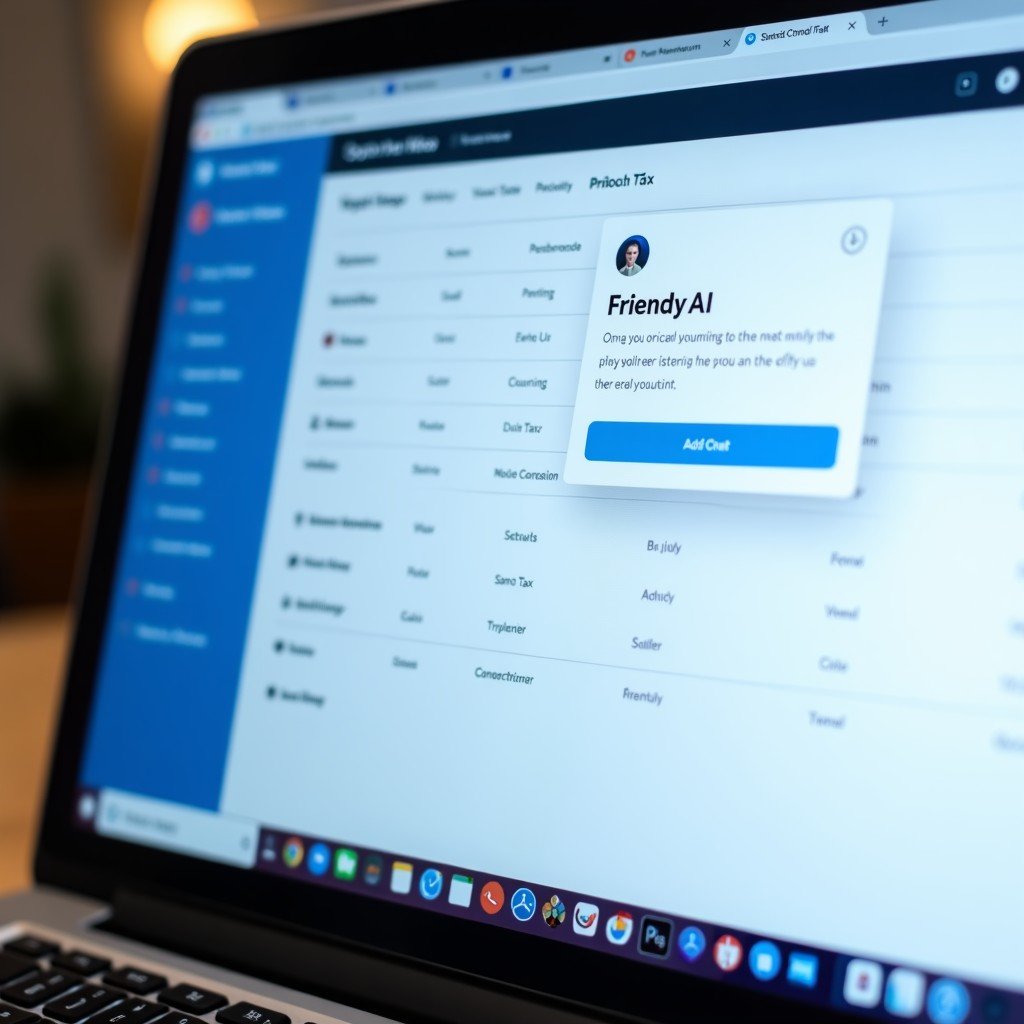 A close-up view of a computer screen showing a sophisticated tax application interface with a friendly AI chatbot window on the side. The UI features soft blue and white tones with clear typography. No text visible on screen. Lifestyle lighting. 4:3