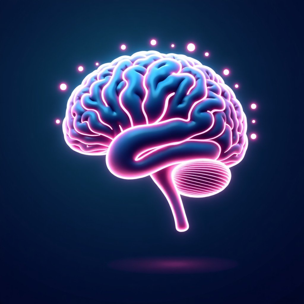 Digital visualization of a brain integrated with mobile application icons, modern infographic style, soft glowing lights, clean layout, no text, 4:3