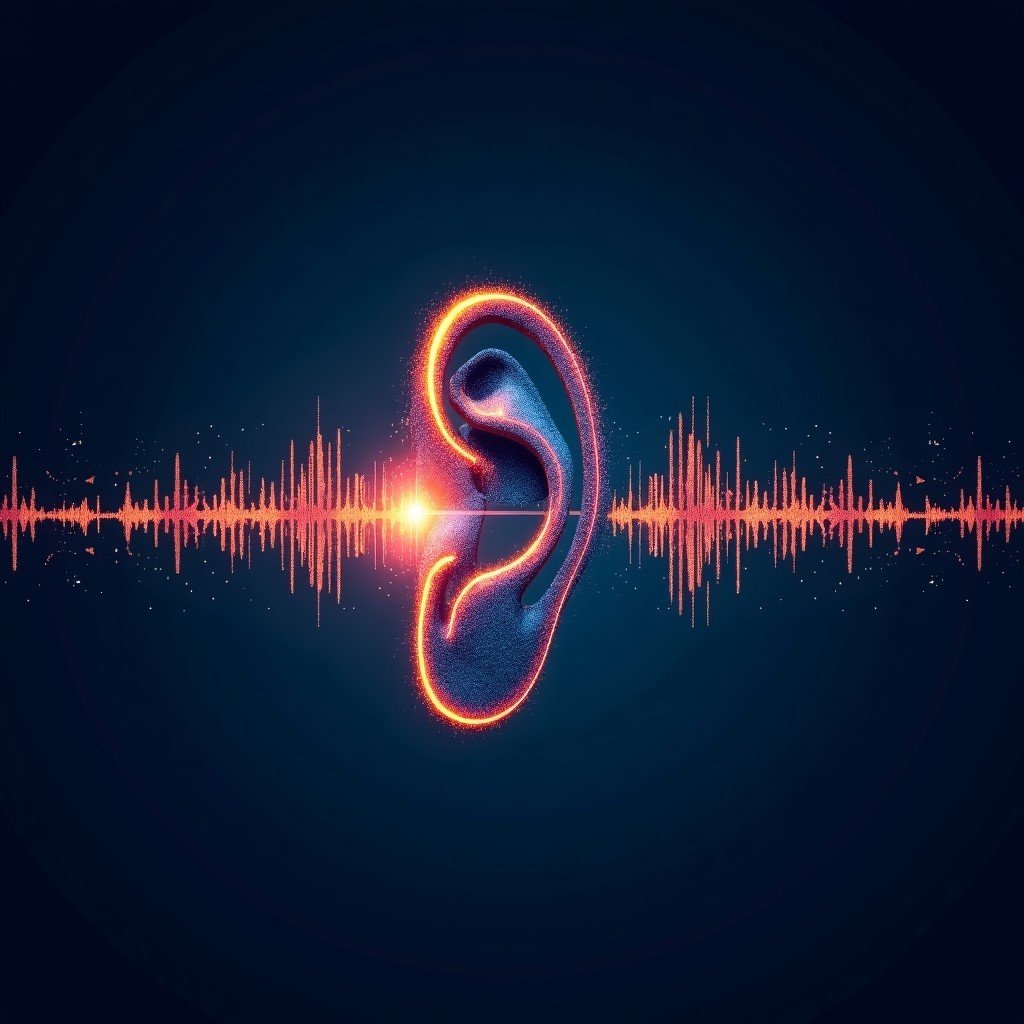 Abstract representation of sound waves and visual data merging, glowing particles forming a human ear and an eye shape, dark blue background, artistic rendering, 4:3