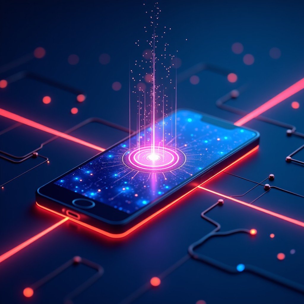 Abstract digital visualization of glowing neural network lines connecting a smartphone to a central AI core, futuristic and clean aesthetic, deep blue and purple tones, 1:1