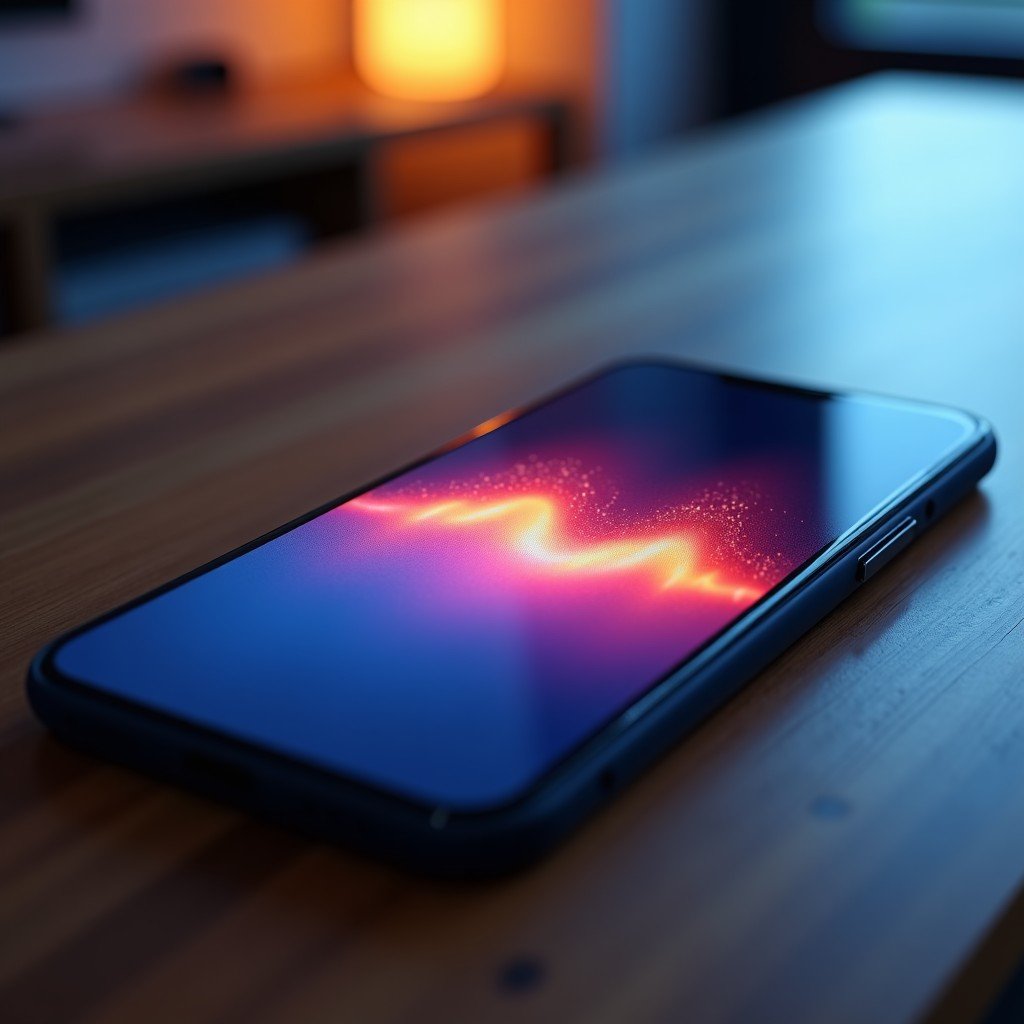 A close up of a smartphone screen showing a glowing colorful AI assistant wave pattern, minimalist design, futuristic aesthetic, soft blurred background of a modern living room, 4:3