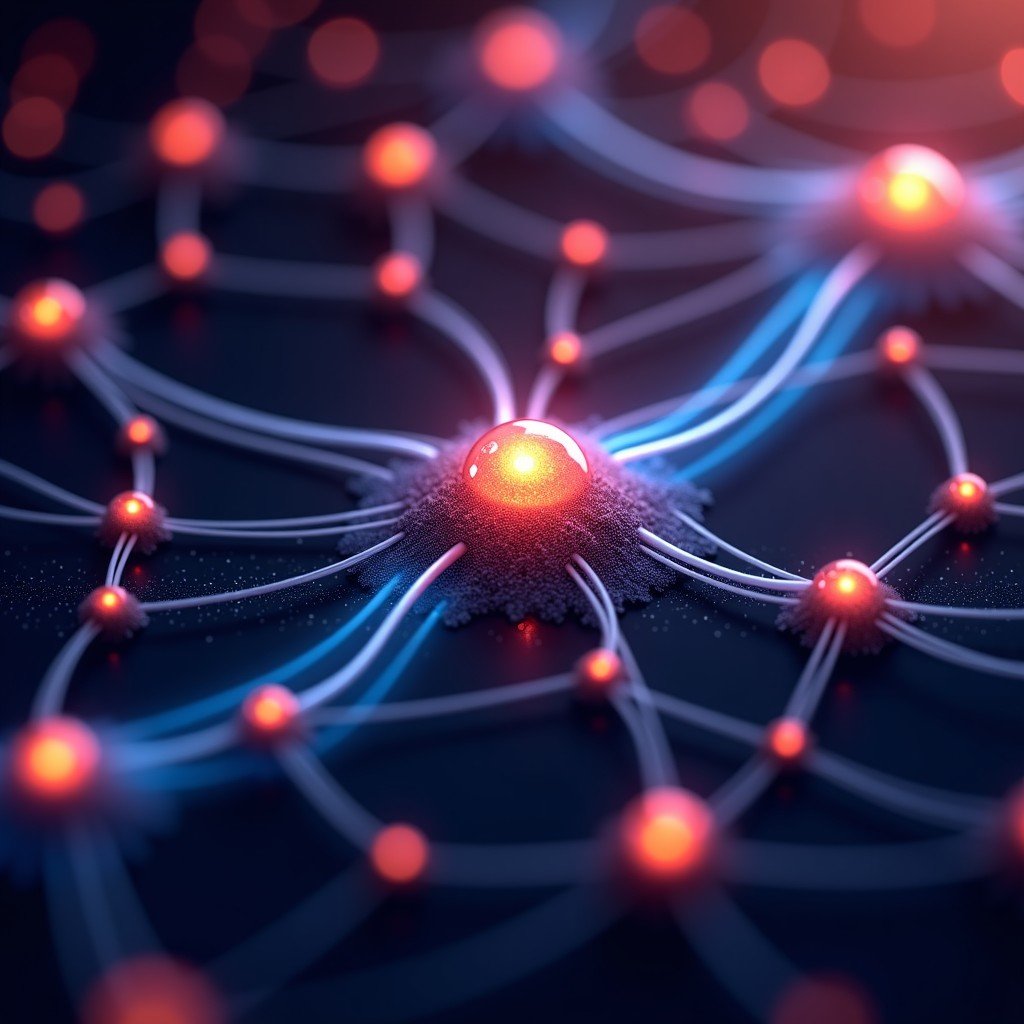Digital representation of a neural network with glowing nodes and connecting lines, abstract technology background, high contrast, vibrant colors, 1:1