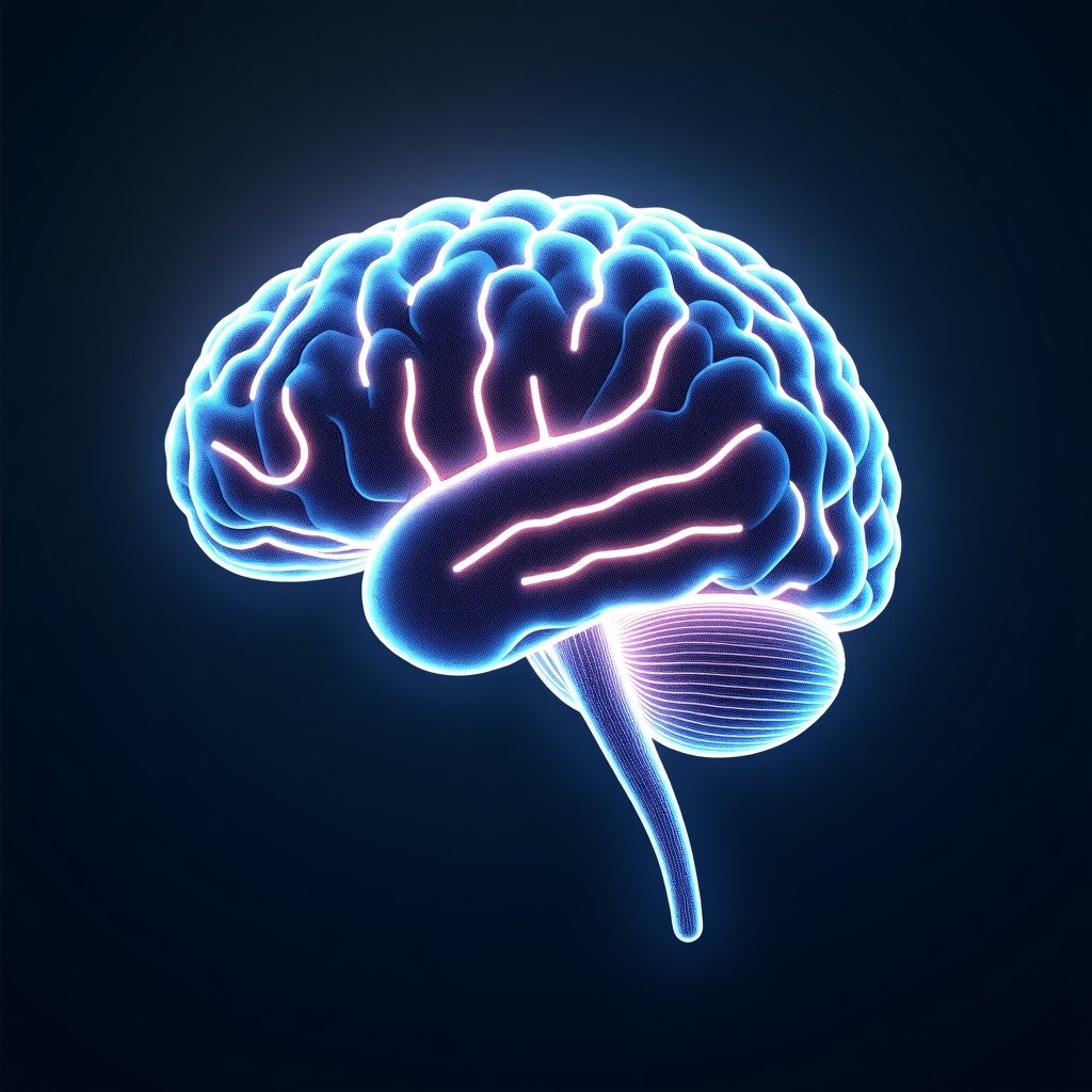 Detailed composition of an abstract digital brain made of neural network connections, glowing nodes representing artificial intelligence. 4:3