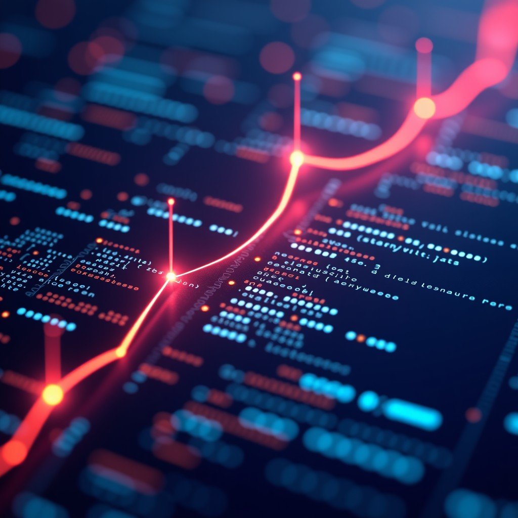 Abstract representation of AI agents analyzing software code structures, glowing neural network lines connecting to code snippets, digital tech style, vibrant colors, 4:3