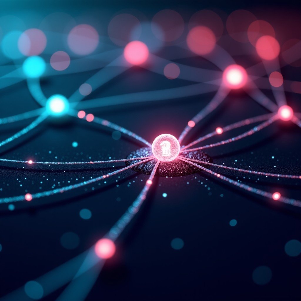 Abstract representation of AI neural network with glowing nodes and disconnected lines, digital glitch effect, futuristic dark background with cyan and magenta accents, high detail, sharp focus. 4:3