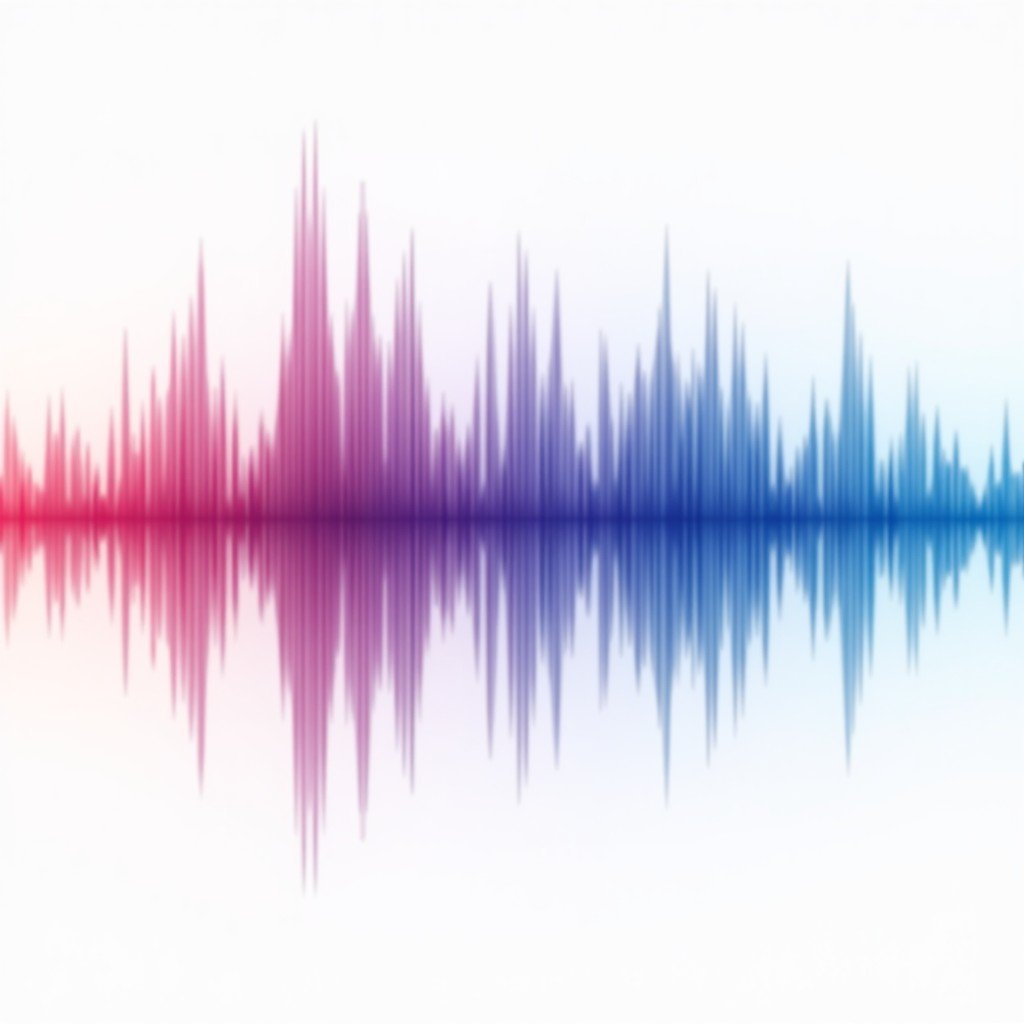 A clean and modern infographic-style illustration of sound waves blending into each other. The colors are vibrant with gradients of pink, blue, and purple. There are no words or text. The composition is centered and balanced, representing smooth audio transitions and AI analysis. 4:3