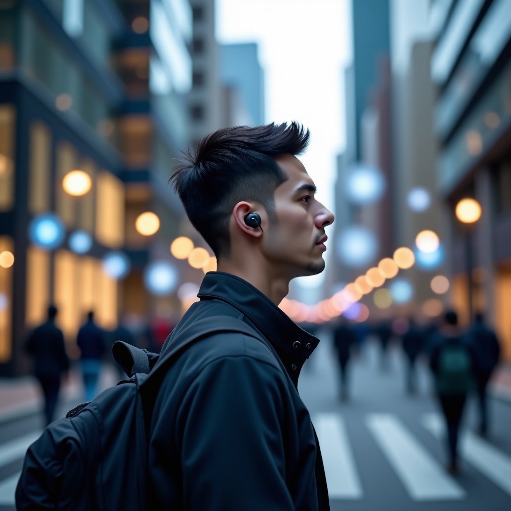 A person walking through a modern smart city street wearing wireless earbuds, floating digital interface icons subtly integrated around them, 4:3