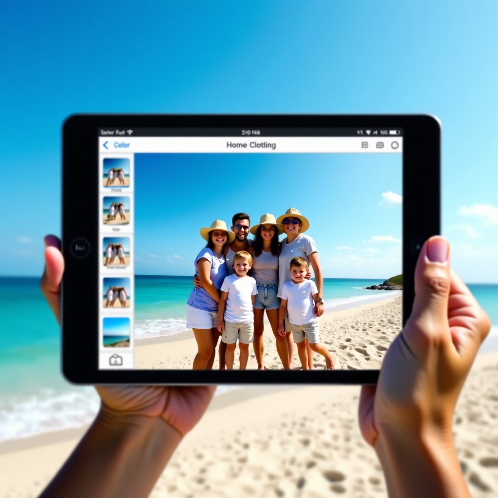 A beautiful family vacation photo on a beach, being edited on a digital tablet. The editing interface shows options for lighting, color, and backdrop changes. Realistic photography style, bright and joyful mood, clear blue sky. 4:3