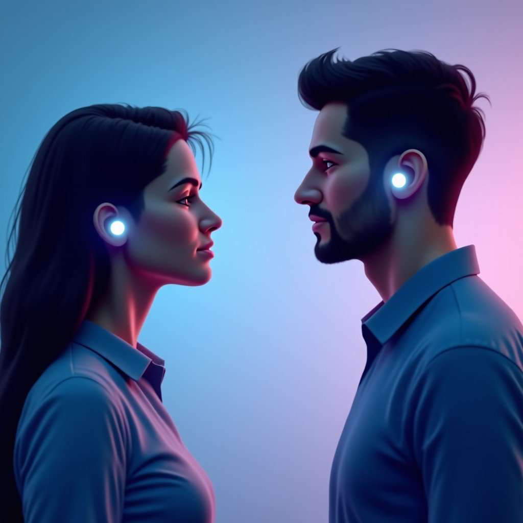 A conceptual visualization of a digital voice assistant glowing softly in the air, interacting with a person wearing smart earbuds. Soft blue and purple gradients, ethereal and modern tech atmosphere. 1:1