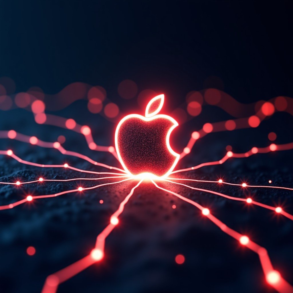 A glowing Apple logo integrated into a network of neural light paths, symbolizing the combination of AI technology and system stability, dark professional background, 4:3