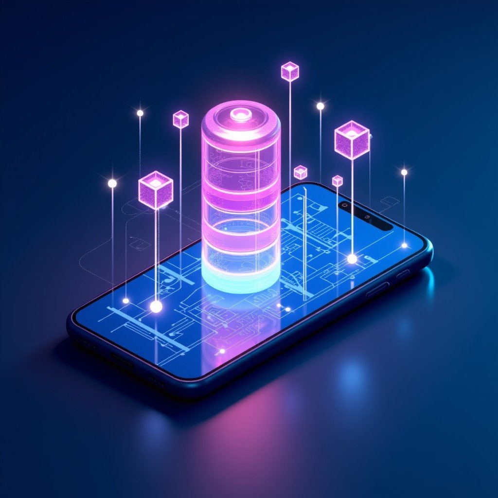 Abstract illustration of artificial intelligence organizing digital data inside a smartphone. Glowing nodes and connections representing fast information retrieval. High contrast blue and purple tones. 1:1