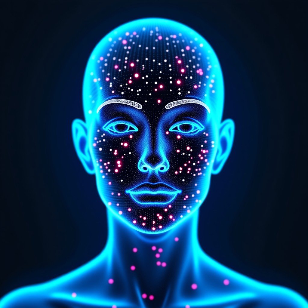 Digital representation of facial recognition technology. A human face being scanned by a grid of light points and data nodes. High-tech futuristic interface, blue and purple glowing lines, dark background. 1:1