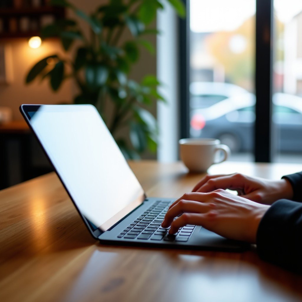 A person using a tablet with a keyboard at a minimalist cafe, hands typing on the keyboard, lifestyle photography, natural morning light, 1:1