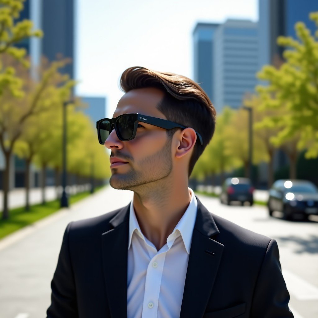 A stylish person wearing elegant smart glasses while walking in a modern urban park. The glasses look like premium eyewear but have tiny integrated camera lenses on the corners. Realistic lifestyle shot, bright daylight, cinematic quality. 1:1