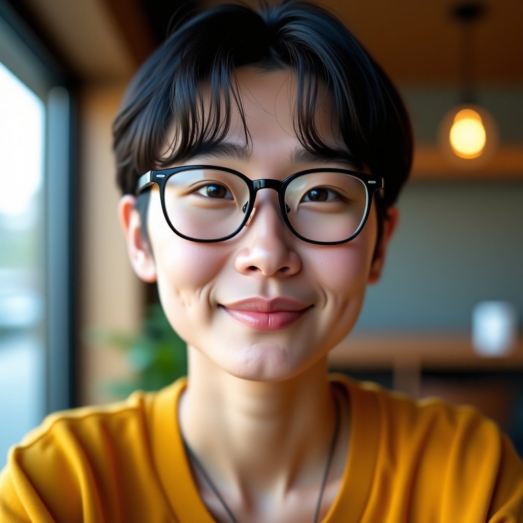 A close-up portrait of a young Korean professional wearing trendy, minimalist glasses that secretly house smart technology. They are in a stylish cafe environment. The image focuses on the natural look of the eyewear. Warm and natural lighting, 4:3.