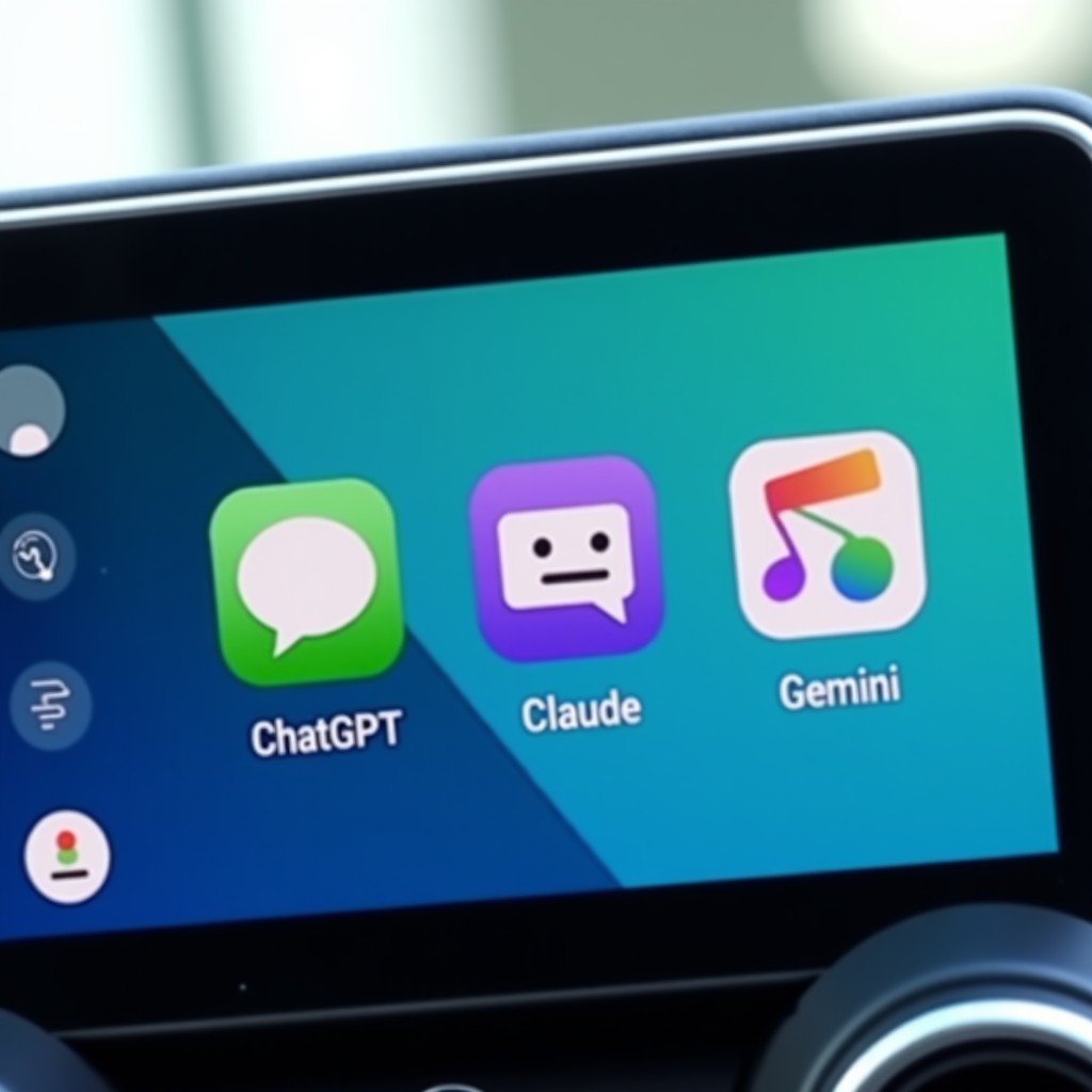 A close-up of a modern car's infotainment system display. The screen shows iconic logos for ChatGPT, Claude, and Gemini alongside the CarPlay interface. The background is a soft blue gradient, and the icons are sleek and modern. High-quality digital render, no text, clean composition. 4:3