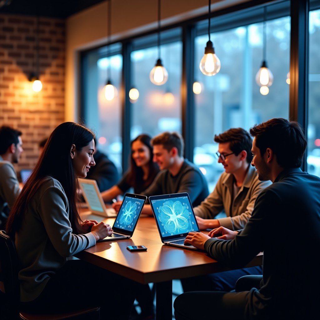 A diverse group of people in a modern city cafe using their smartphones and laptops, glowing subtle digital neural network patterns connecting them to represent AI usage, natural daylight, cinematic lifestyle photography, high resolution 4:3