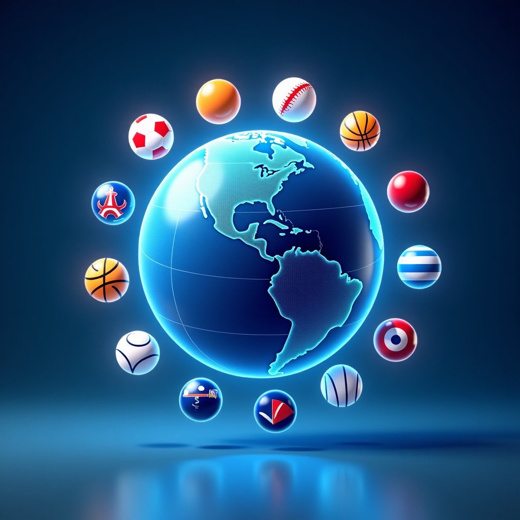 A creative composition of various sports icons and league symbols floating around a digital globe, clean modern style, soft blue and white lighting, high tech aesthetic. 4:3
