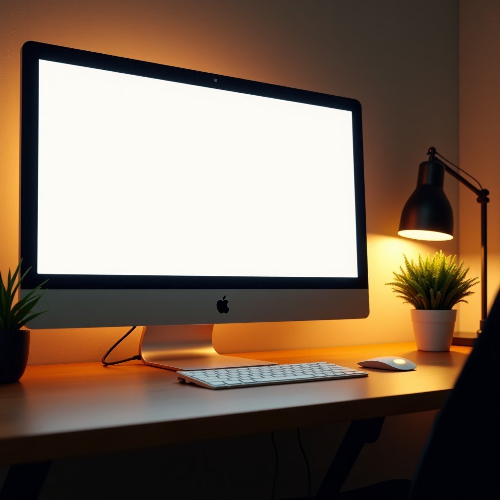 A modern home office setup featuring a large, high-resolution Apple display on a wooden desk. Minimalist aesthetic, soft warm lighting, cozy atmosphere with a plant nearby. Cinematic composition. No text. 4:3