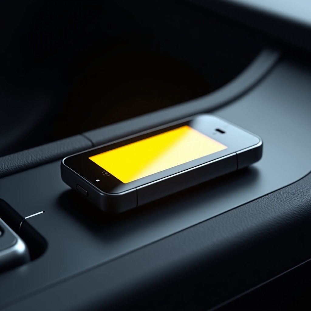 A sleek modern car key with a yellow E-ink display screen being placed into a magnetic receiver on a minimalist console, glowing light effect, 4:3