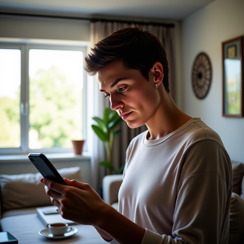 A person looking at a smartphone with a thoughtful expression in a bright modern living room, soft natural lighting, realistic photography, 4:3
