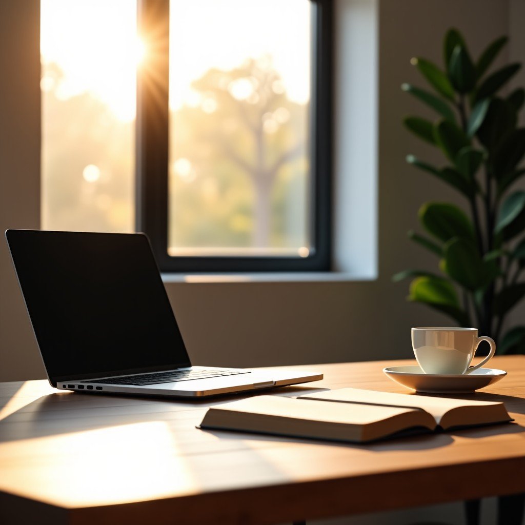 A modern and minimalist creative workspace with a sleek laptop an open notebook and a cup of coffee on a wooden desk. Warm morning sunlight streaming through a large window. High-quality lifestyle photography. 4:3