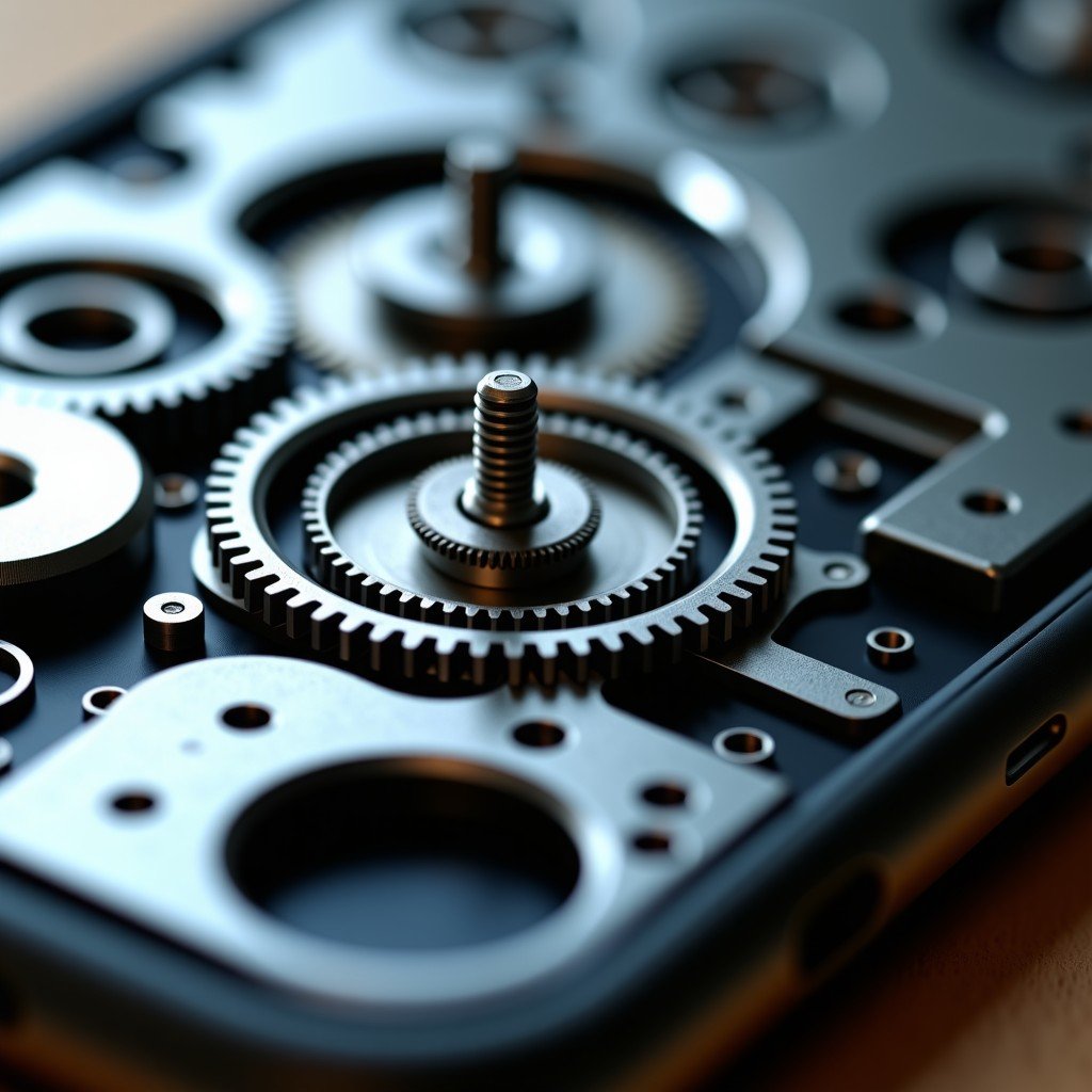 Detailed macro shot of a sophisticated mechanical hinge for a smartphone, metallic gears and smooth joints, high-quality industrial design, cinematic lighting, 1:1
