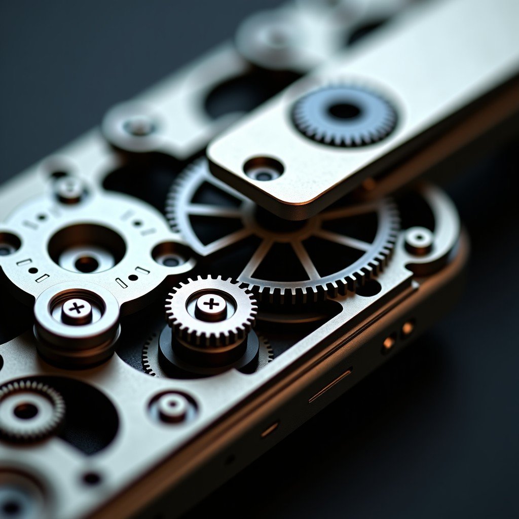Close-up of a sophisticated mechanical hinge with metallic gears and precision components for a foldable phone, technological aesthetic, 1:1